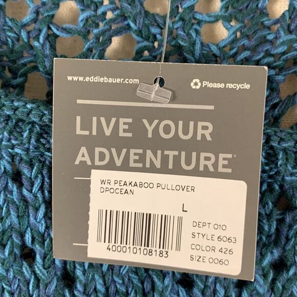 NWT Eddie Bauer Peakaboo Pullover Drop Shoulder Knit Sweater Ocean Blue Sz L - Picture 7 of 8